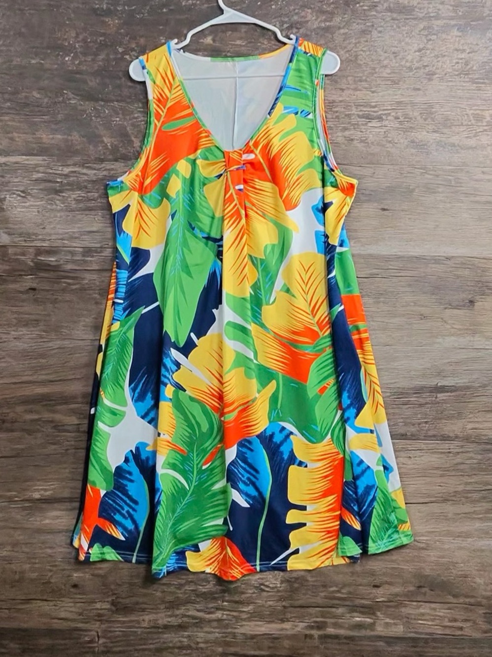 SHEIN Tropical Leaf Sleeveless Dress in Green, Yellow & Blue
